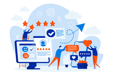 Fototapete - Best feedback web design concept with people characters. Online customers opinion scene. Social media marketing composition in flat style. Vector illustration for social media promotional materials.