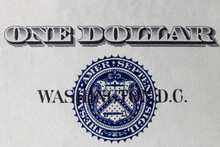 Seal Of The Treasury Department On The Obverse Of A 1957 One Dollar Bill. The Latin Inscription, "Thesaur. Amer. Septent. Sigil." Translates To "The Seal Of The Treasury Of North America."