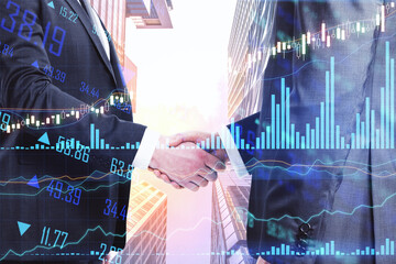 Agreement between two businessmen handshaking at megapolis buildings background and forex chart screen with sales data and diagram. Double exposure