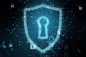 Poster - Global security concept with digital keyhole sign made from small glowing elements at dark background