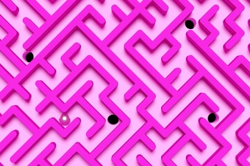 Wall Mural - large pink maze or labyrinth with chrome ball and holes over pink background, success, strategy or s