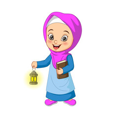 Wall Mural - Cartoon Muslim girl holding Quran Book with Ramadan Lantern