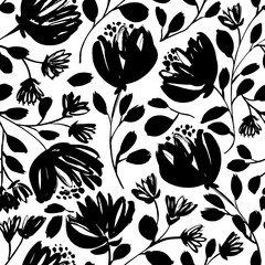 Seamless floral vector pattern with peonies, roses, anemones. Hand drawn black paint illustration with abstract floral motif. Graphic hand drawn brush stroke botanical pattern. Leaves and blooms.