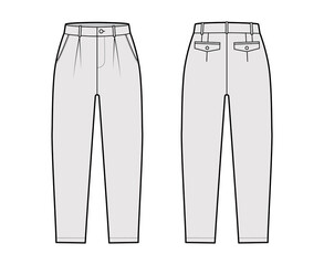 Wall Mural - Capri pants technical fashion illustration with belt loops, mid-calf length, single pleat, normal waist, high rise, slashed, flap pocket. Flat breeches bottom front, back grey color. Women, CAD mockup