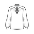 © Vectoressa - Pirate blouse technical fashion illustration with bouffant long sleeves, poet lacing collar, oversized, tunic length. Flat apparel top template front, white color. Women, men unisex CAD mockup