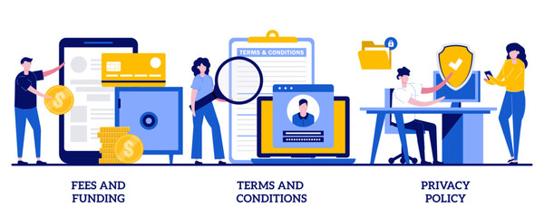 Poster - Fees and funding, terms and conditions, privacy policy concept with tiny people. Website information page vector illustration set. Service cost, subscription fee, website menu bar, UI, UX metaphor