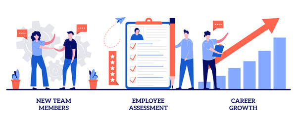 Poster - New team members, employee assessment, career growth concept with tiny people. Career development vector illustration set. Performance review, SWOT analysis, job position, project team metaphor