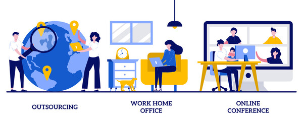 Poster - Outsourcing, work home office, online conference concept with tiny people. Distance working abstract vector illustration set. Freelance job, team digital meeting, IT business, internet platform