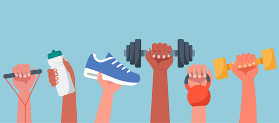 Sport exercise web banner concept, human hands holding training equipment such as dumbbells, kettlebell and resistance band, time to fitness workout and healthy lifestyle, vector flat illustration