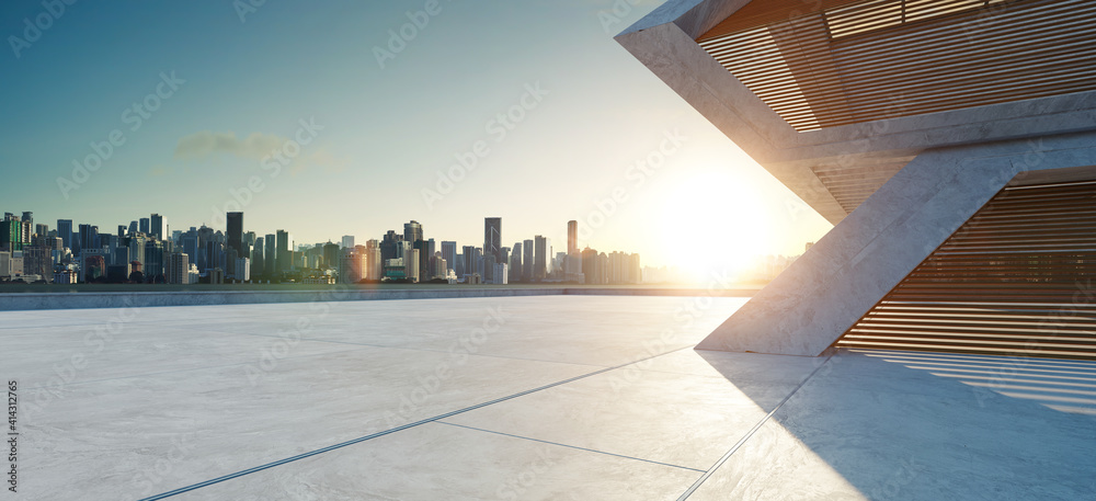 Concrete floor and modern building exterior - obrazy, fototapety, plakaty 