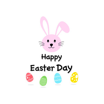 Easter card with rabbit and eggs on white background.