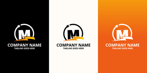 Flash initial letter M Logo Icon Template. Illustration vector graphic. Design concept Electrical Bolt and electric plugs With letter symbol. Perfect for corporate, more technology brand identity