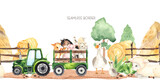 Watercolor farm village seamless border with cute little farm animals