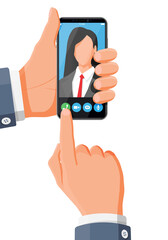 Poster - Incoming video call on smartphone. Video chat with female character. Photo of woman, decline and accept buttons on screen. Online meeting, videocall, webinar or training. Flat vector illustration