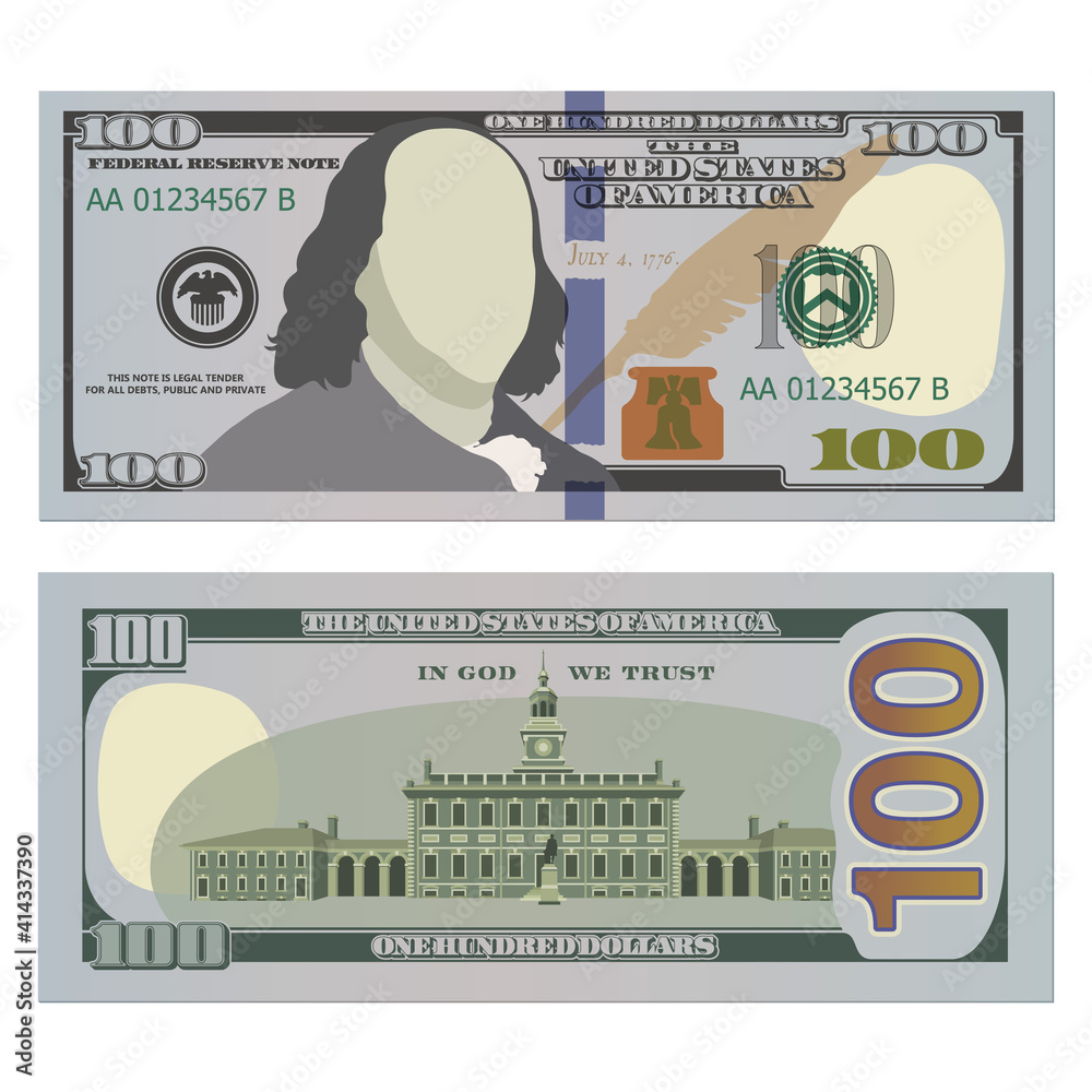 Hundred dollar bill, new design on both sides. 100 US dollars banknote,  from front and reverse side. Vector illustration of USD isolated on white  background 스톡 벡터 | Adobe Stock