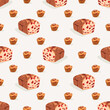 Freshly bakery products seamless pattern. Delicious fruit cake and muffin sweet desserts repeating print for backdrop, wallpaper, packaging, textile design vector illustration
