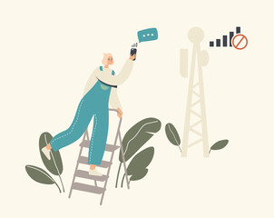 Poster - network technology error, no wi-fi signal at hotspot. female character climb on ladder catching sign