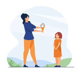 Wall Mural - Mother and child walking in park. Mom giving ice cream to daughter kid. Flat vector illustration. Family activities, leisure time together concept for banner, website design or landing web page