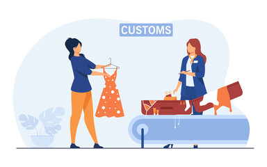 Poster - Customs employee checking luggage of tourist. Woman showing suitcase and clothes to inspector. Flat vector illustration. Baggage inspection concept for banner, website design or landing web page