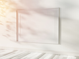 Poster - White frame hanging in bright interior mockup. Template of a picture framed on a wall 3D rendering