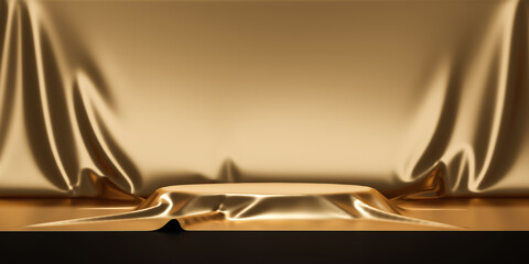 Gold product background stand or podium pedestal on luxury advertising display with blank backdrops. 3D rendering.