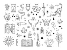 Witchcraft Big Set, Mystic Magical Symbols For Flash Tattoo, Hand Drawn Mystery Collection, Modern Boho Style Elements For Print Design. Vector Icons And Logo Illustration Isolated On White Background