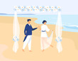Couple getting married on tropical island. Groom and bride on wedding ceremony at sea. Flat vector illustration. Beach party, festive event concept for banner, website design or landing web page