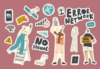 Poster - set of stickers no wifi signal theme. people with gadgets, network error, wi fi lost connection, ear