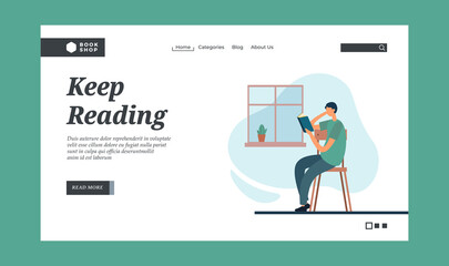 Poster - Man reading book near window. Flat vector cartoon illustration