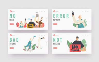 Poster - characters search signal of wifi router landing page template set. network error, lost internet wire