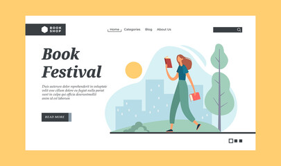 Poster - Woman walking in park and reading. Flat vector cartoon illustration. Banner template