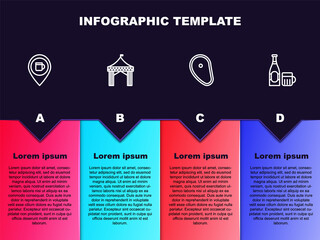 Sticker - Set line Alcohol or beer bar location, Camping tent, Steak meat and Beer bottle and glass. Business infographic template. Vector.