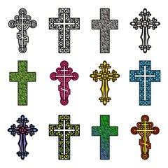 Set of decorative crosses. Openwork ornament of curls, rings, leaf patterns, plant elements. Religious theme. Easter, Christmas symbol. Multi-colored objects with a black outline on a white background