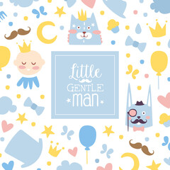 Sticker - Little Gentleman Banner Template, Baby Boy Shower and Birthday Party Poster, Invitation Card with Cute Childish Seamless Pattern Cartoon Vector Illustration