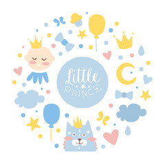 Canvas Print - Little Prince Banner Template, Baby Boy Shower and Birthday Party Design with Cute Childish Pattern Cartoon Vector Illustration