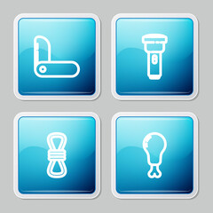 Sticker - Set line Swiss army knife, Flashlight, Climber rope and Chicken leg icon. Vector.