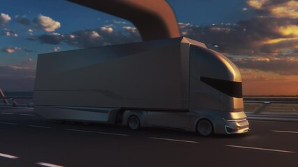 Wall Mural - Futuristic Technology Concept: Autonomous Self-Driving Truck with Cargo Trailer Drives on the Road with Scanning Sensors. 3D Electric Lorry Driving Fast on Scenic Sunset Highway Bridge.