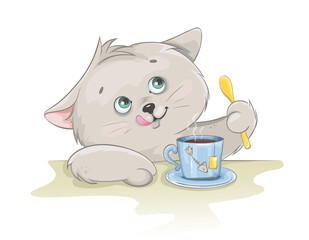 Wall Mural - Cute kitten having a cup of tea. Funny kitten