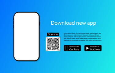 Poster - Download app to phone from store. Qr code for download of application. Advertising of smartphone app. Scan code, click button, upload and payment. Mockup of mobile on website. Elegant banner. Vector
