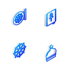 Sticker - Set Isometric line Cross ankh book, Dharma wheel, and Muslim Mosque icon. Vector.