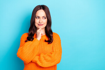 Sticker - Photo of pretty satisfied lady arm finger on chin look empty space imagination isolated on blue color background