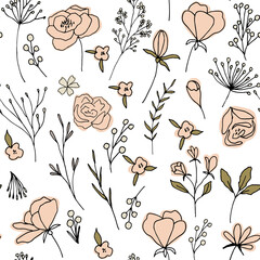 Poster - Floral vector seamless pattern with  flowers, berries, leaves and twigs. Beautiful hand drawn bouquets in pastel colors in vintage style.