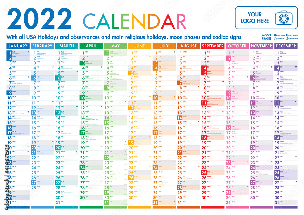 Year 2022 one page colorful calendar - obrazy, fototapety, plakaty 