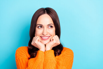 Sticker - Photo of pretty positive girl hands on cheeks look interested empty space isolated on blue color background