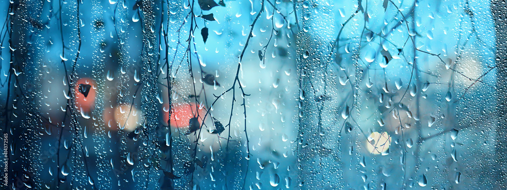 wet glass view of branches park autumn, abstract background drops on the window evening november - obrazy, fototapety, plakaty 