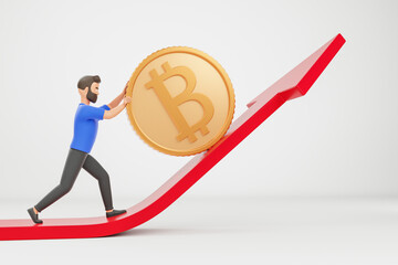 Wall Mural - Cartoon casual character beard man push up big bitcoin  on the rising red trend chart over white background. Side view.