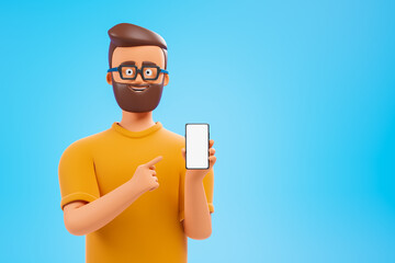 Beard cartoon character man in yellow t-shirt show smartphone, pointing to white blank screen with finger over blue background. Mobile app recommendation.