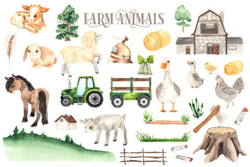 watercolor farm animals elements with cute little sheep, cow, horse, goose, chicken, rabbit, house, 