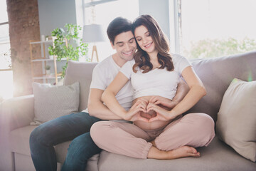 Poster - Photo of dreamy adorable good mood couple expecting child sitting couch embracing belly showing fingers heart inside indoors