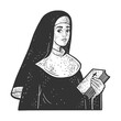Christian sister nun monk sketch engraving vector illustration. T-shirt apparel print design. Scratch board imitation. Black and white hand drawn image.